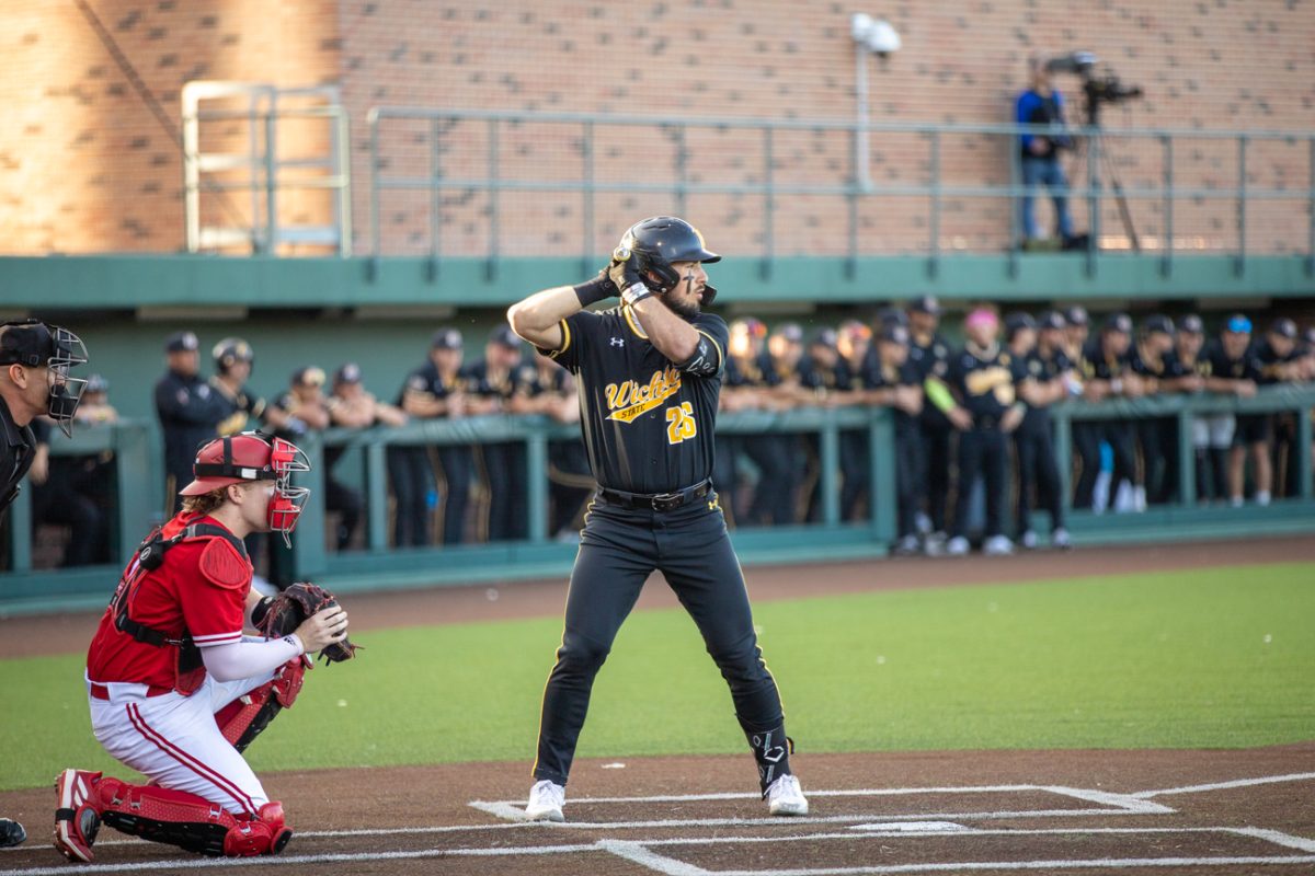 Left fielder Derek Williams gets ready to hit the ball on March 12 against Nebraska. Williams had three hits and one run in the Shockers loss to the Cornhuskers.