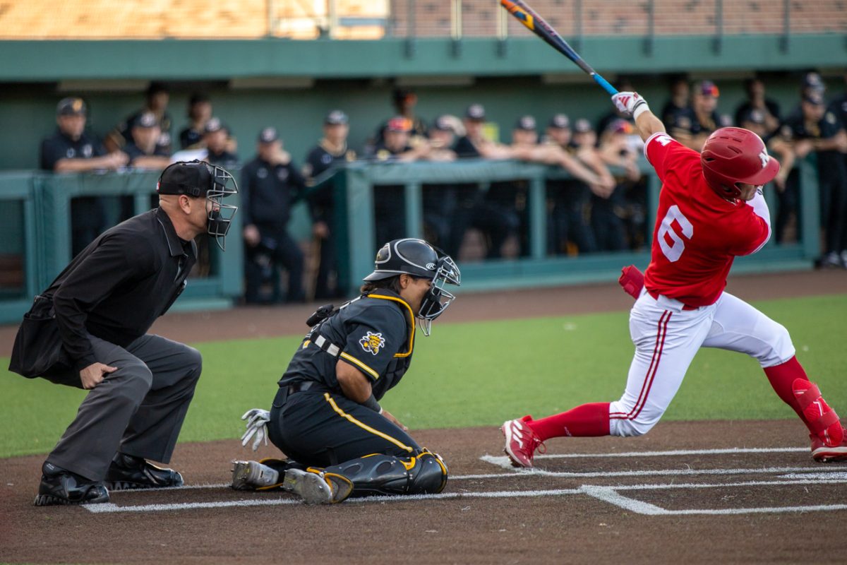 Junior catcher Mauricio Millan reacts to a play from Nebraska during a game on March 12.