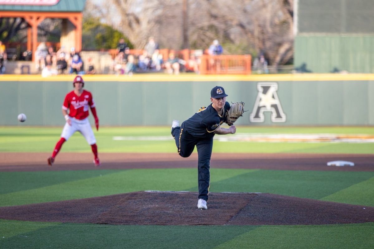 Brady Hamilton, a right-handed pitcher, throws a pitch on March 12. Hamilton picked up the loss against Nebraska, bringing his season record to 0-2.