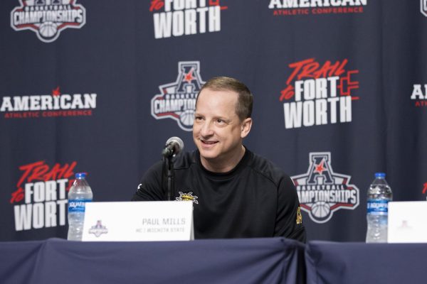 Paul Mills speaks to media after Wichita State's win against Rice University on March 13.