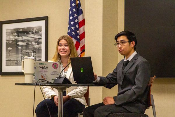 Speaker of the Senate Kylee Hower and Matthew Phan, engineering senator, at the first presidential debate on March 20. Hower and Phan are running for president and vice president, respectively.