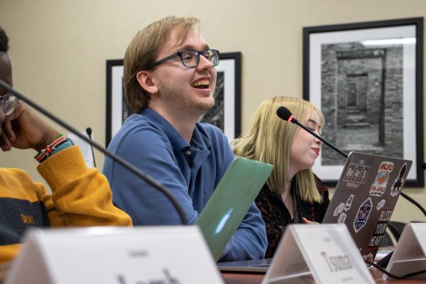 Out of State Sen. Nathan Atkison expresses his support for the Senate Structure Reorganization Act during the Student Senate meeting on Wednesday, March 27. My subcommittee currently has two people, including me, Atkison said. It does not work.