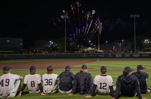 The Shockers watch the fireworks show in Eck Stadium after winning against KU on April 3. (File photo)