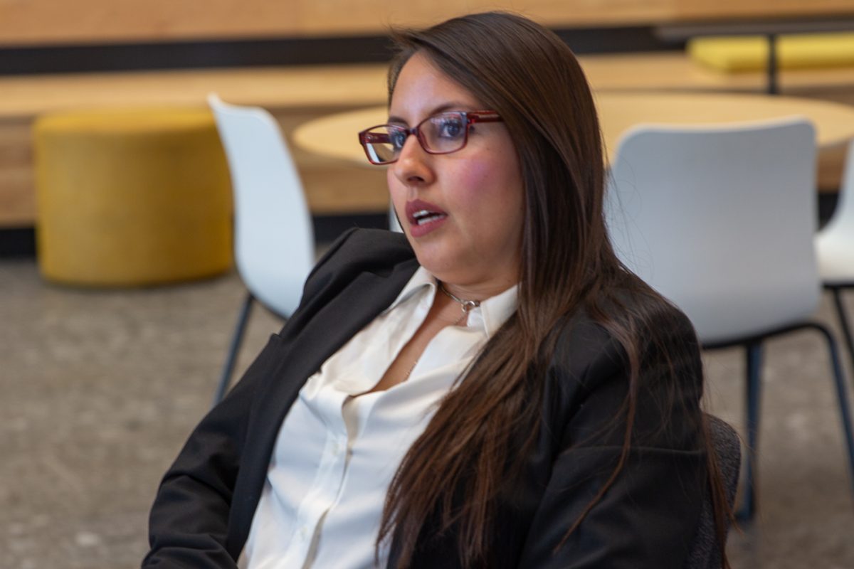 Fabiola Ayarza, or Fabi, talks about her involvement in many student organizations and her work as a Human Resources major during an interview on Apr. 11.