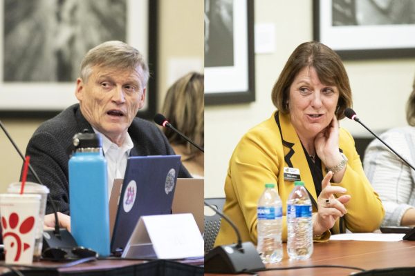 (Left) Werner Golling, vice president for finance and administration, speaks to the Student Fees Commission on March 6. (Right) Provost Shirley Lefever shares her hype song at the Student Government Association Town Hall on Oct. 26. Both administrators announced their retirement on April 3.