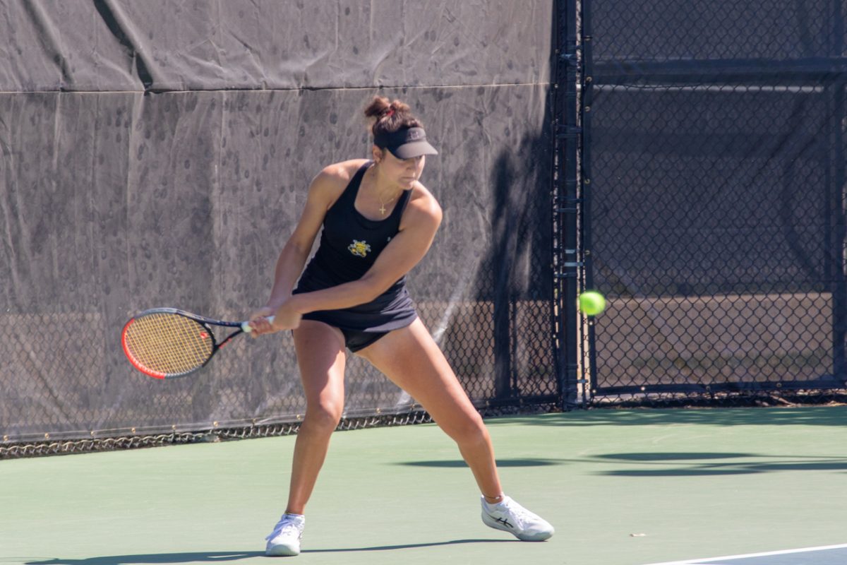 Theodora Chantava returns a shot in her singles match against Louisiana Tech on April 13. Wichita State's women's tennis team won, 4-2, on senior day.