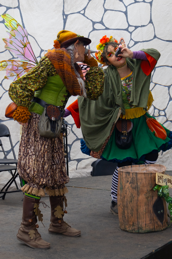 During fairy storytime, two women sing and dance to a song dressed in fairy attire. The pair brought smiles to the child spectators at the Great Plains Renaissance Festival.