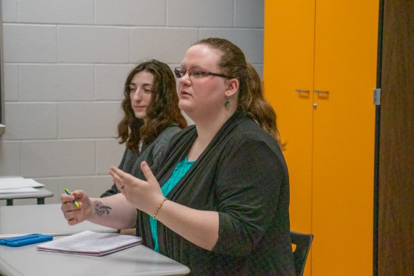 Senior Lauren Vuytecki speaks during her first in-person class on April 24. Vuyteckis English course is called Technologies of the Book.