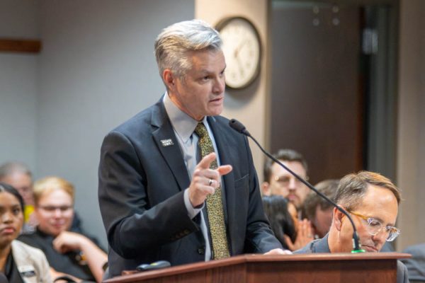 Wichita State University President Richard Muma addresses the Kansas Board of Regents during its meeting on Wednesday, May 15. Muma requested a 3.9% increase in tuiton and a 5.64% increase in student fees.