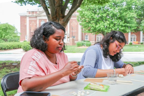 Aasa Dara and Dedeepya Movva, graduate students at Wichita State at the Makers and Masterpieces | Sketch & Sculpt event in Ulrich on June 1.
