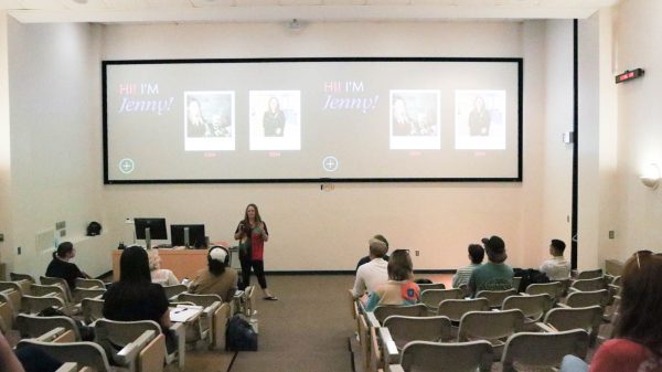 Graphic design professor Jenny Venn talks about her background in graphic design at the Graphic Design Studio Pitch Day held on July 25. Students showcased their small-business oriented projects.