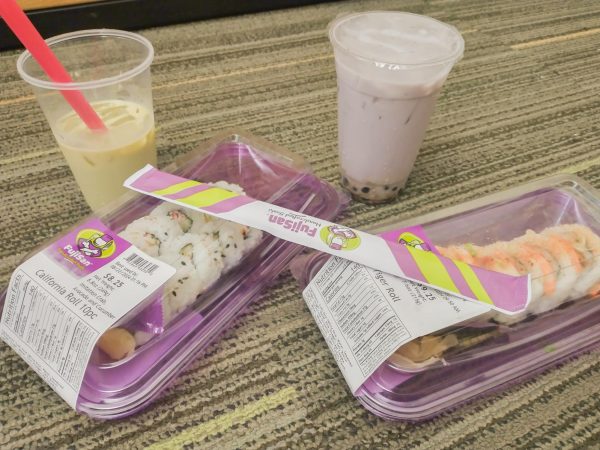 A honey matcha milk tea, California roll, honey taro tea and tiger roll from FujiSan Handcrafted Sushi.