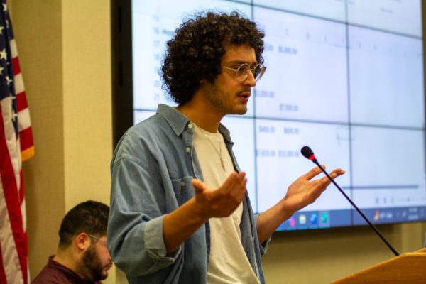 Abdelkarim Jibril represents students for Justice for Palestine at the Student Government Association meeting on Aug. 28. The organization requested additional funding for an event it's planning to host with a five time Nobel prize nominee speaker.