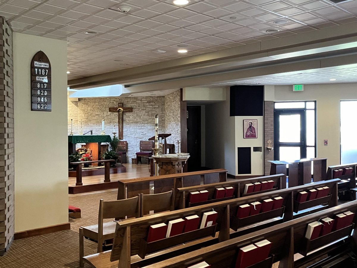 Inside St. Paul Catholic Student Center chapel where mass is held.