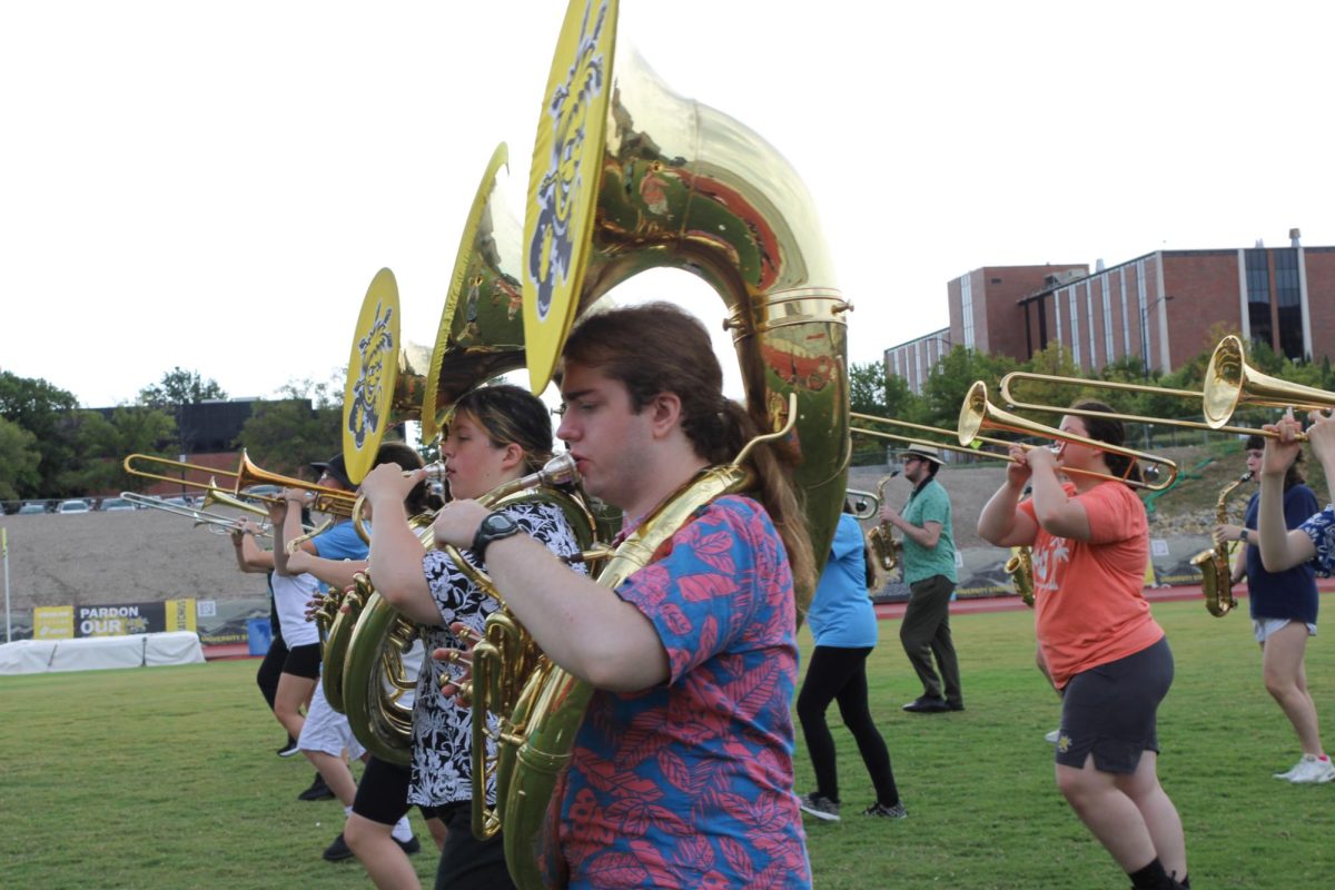 The Shocker Sound Machine tuba players practice marches at their Band Camp on August 13.