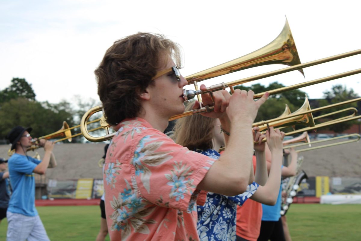 Evan Swope practices marching with the Shocker Sound Machine at band camp on August 13. The band camp was a week-long under the direction of Lucas Hulett, Director of Athletic Bands.