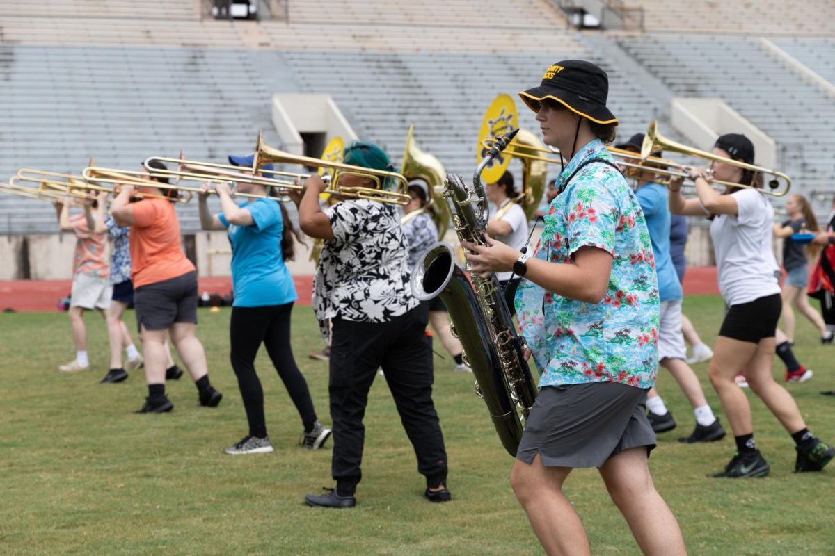 The Shocker Sound Machine practices marching at their band camp on August 13.