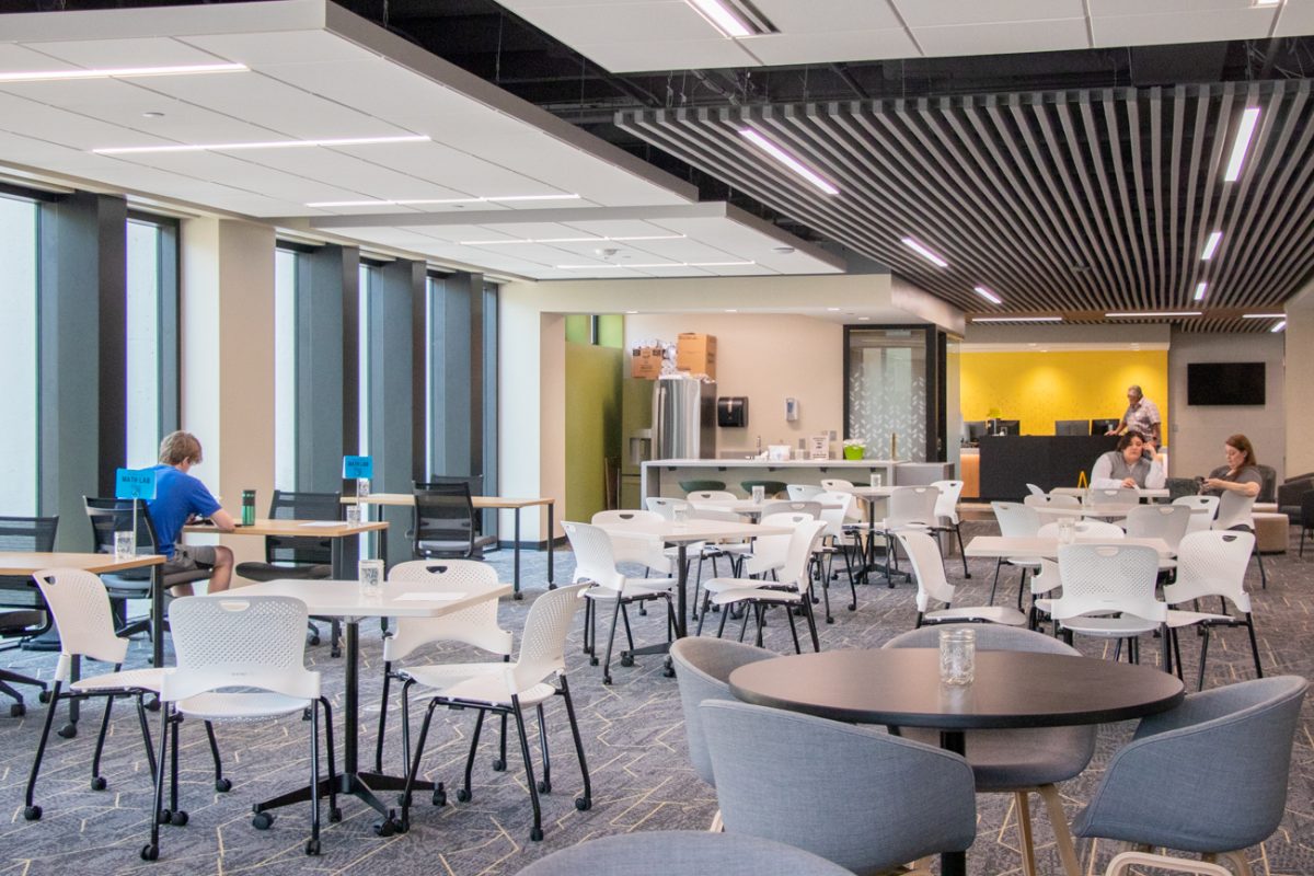 Lounging and study areas designed for students in the new Shocker Successs Center located next to the Rhatigan Student Center and Ablah Library at Wichita State. The renovation of the previous "Clinton Hall" will be complete by the end of summer.