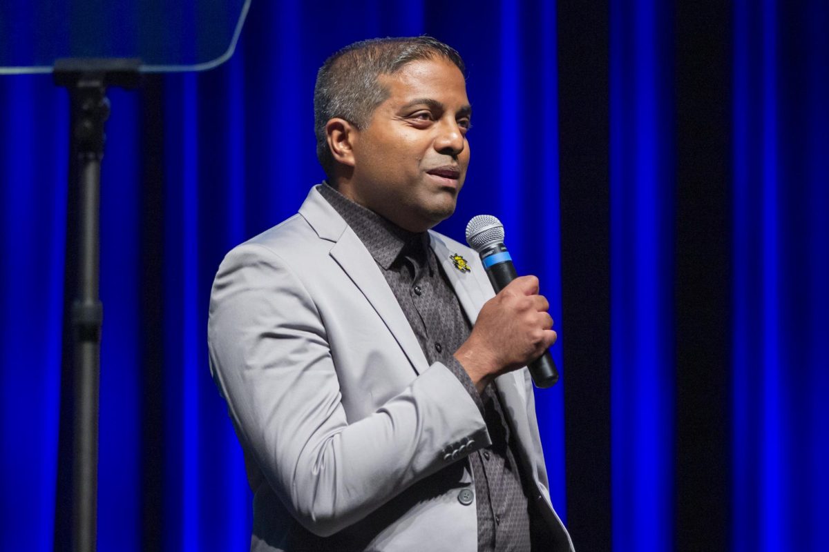 Bobby Gandu speaks to attendees of the 2024 Fall Address on Aug. 14. Gandu serves as the assistant vice president for strategic enrollment management and undergraduate admissions.