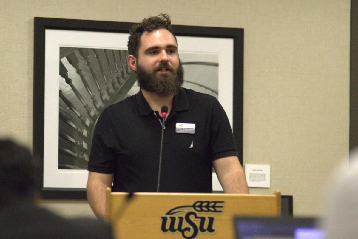 Student Government Association Sen. Andrew Bobbitt speaks during the Senate meeting hosted on Aug. 21. Bobbitt authored three different pieces of legislation, one of which was a resolution encouraging the university to reconsider the location of the new pickleball courts.