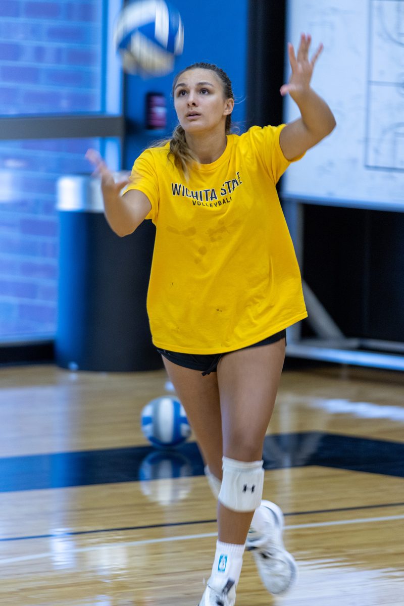 Freshman setter Simone Grieser prepares to serve the ball during a practice scrimmage on Aug. 15.