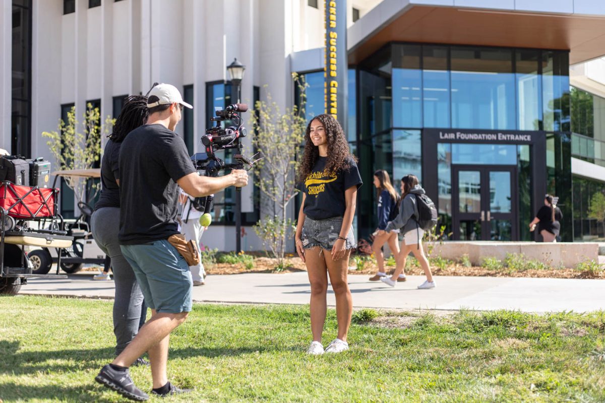 Kadrian Ayarza films her lines for the Amazon Prime show, "The College Tour." Ayarza filmed her A Roll outside the Shocker Success Center on Sept. 10.