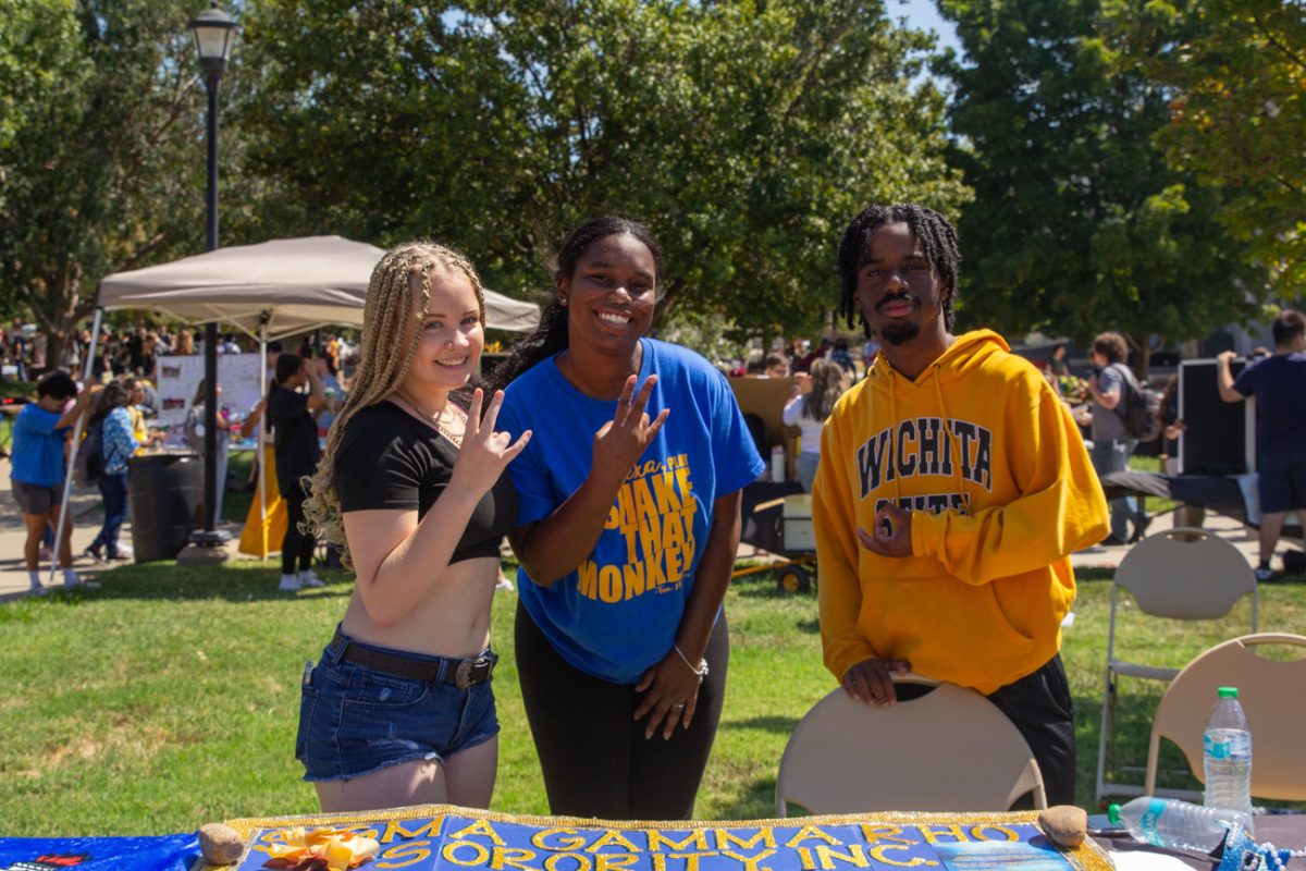 student arianna sallaz and her fellow sigma gamma rho sister denazhia williams display their soriority's salute.