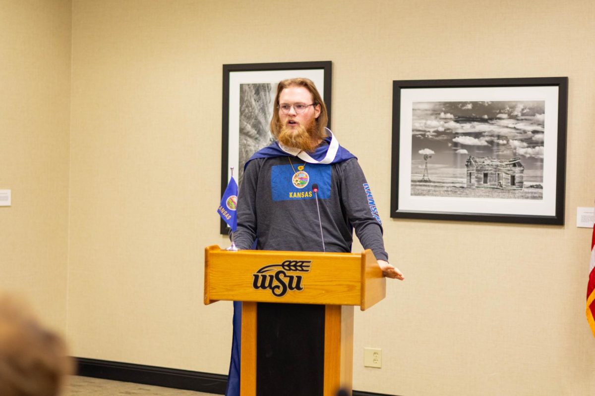 Kian Williams, an SGA senator for the underrepresented, talks about the importance of recognizing Kansas as a remarkable state. Williams pushed for the celebration of a Kansas holiday, three other senators spoke in favor of the idea.