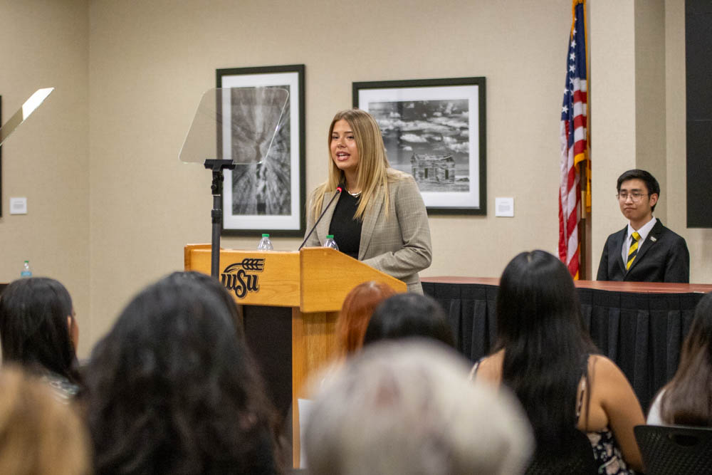 Kylee Hower, the student body president, delievers the State of the Student Body address. Hower spoke  about discrimination she's faced as a woman in leadership, the duties and responsibilities of Student Government and unfinished Senate business.