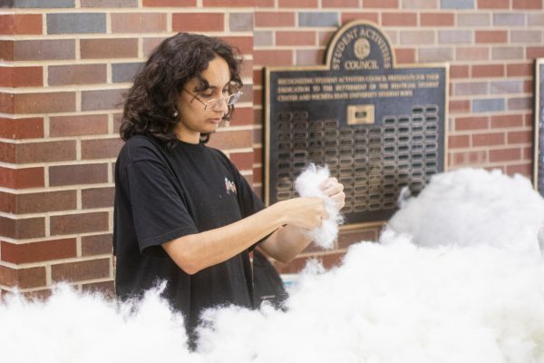 Senior Jazmin Gamarra prepares the stuffing station for the Build-a-Friend event on Sept. 17. Build-a-Friend was put on by the Student Activities Council in the Rhatigan.