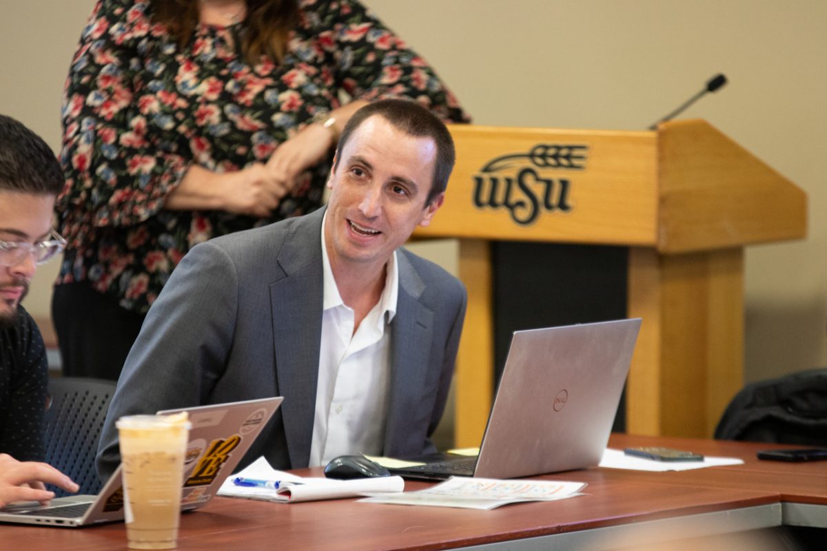 Aaron Mitchell, senior vice president for finance, administration, and operations, introduces himself to the WSU Staff Senate. Mitchell was previously the associate vice president for financial services at Montana State University.