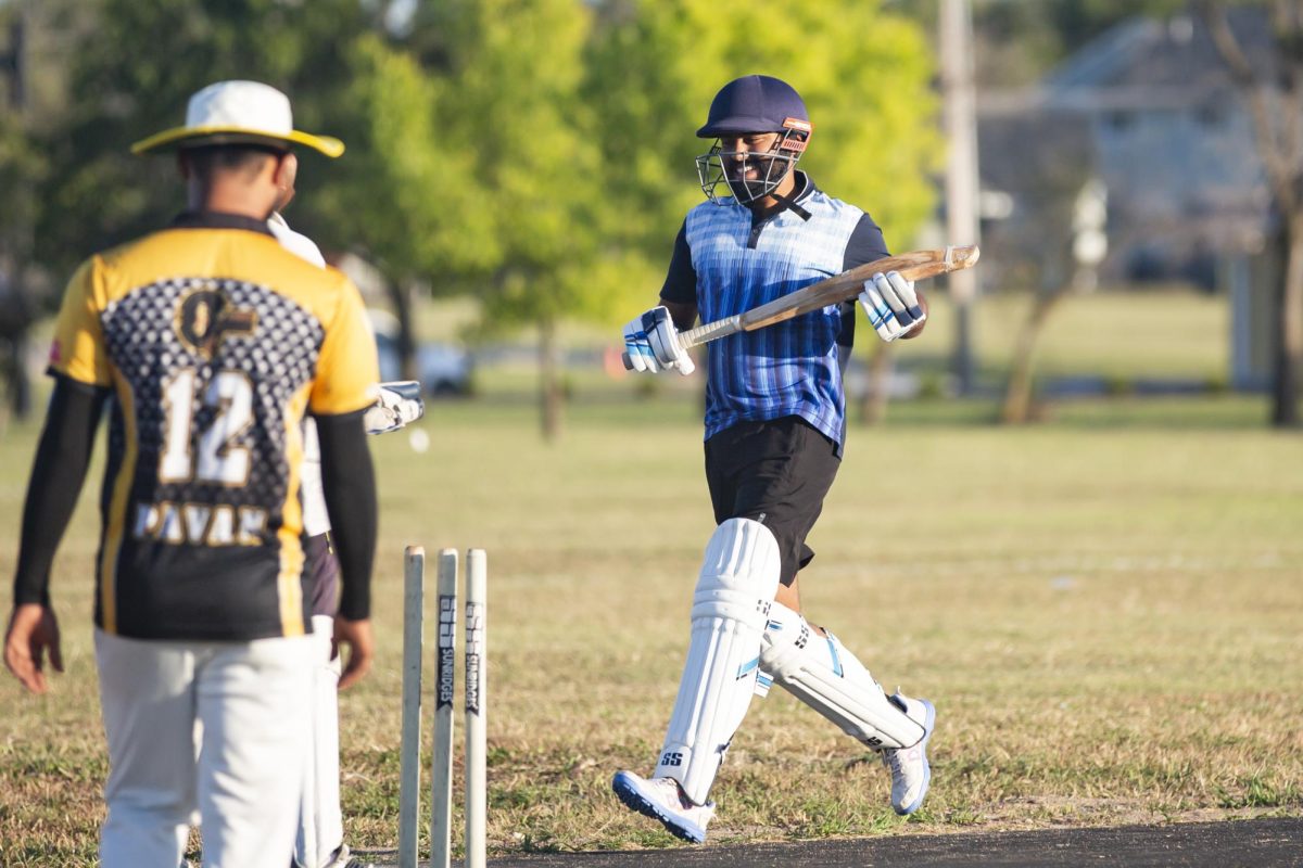 Sai Charan Reddy prepares to hit the ball, delivered by a fellow teammate. He is one of more than 100 members on Wichita State's Cricket Club team.