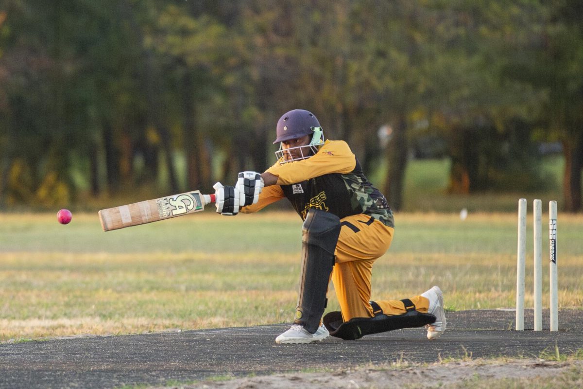 Cricket Club President Sai Karthik Garnepudi prepares to strike the ball during Cricket Club practice. 