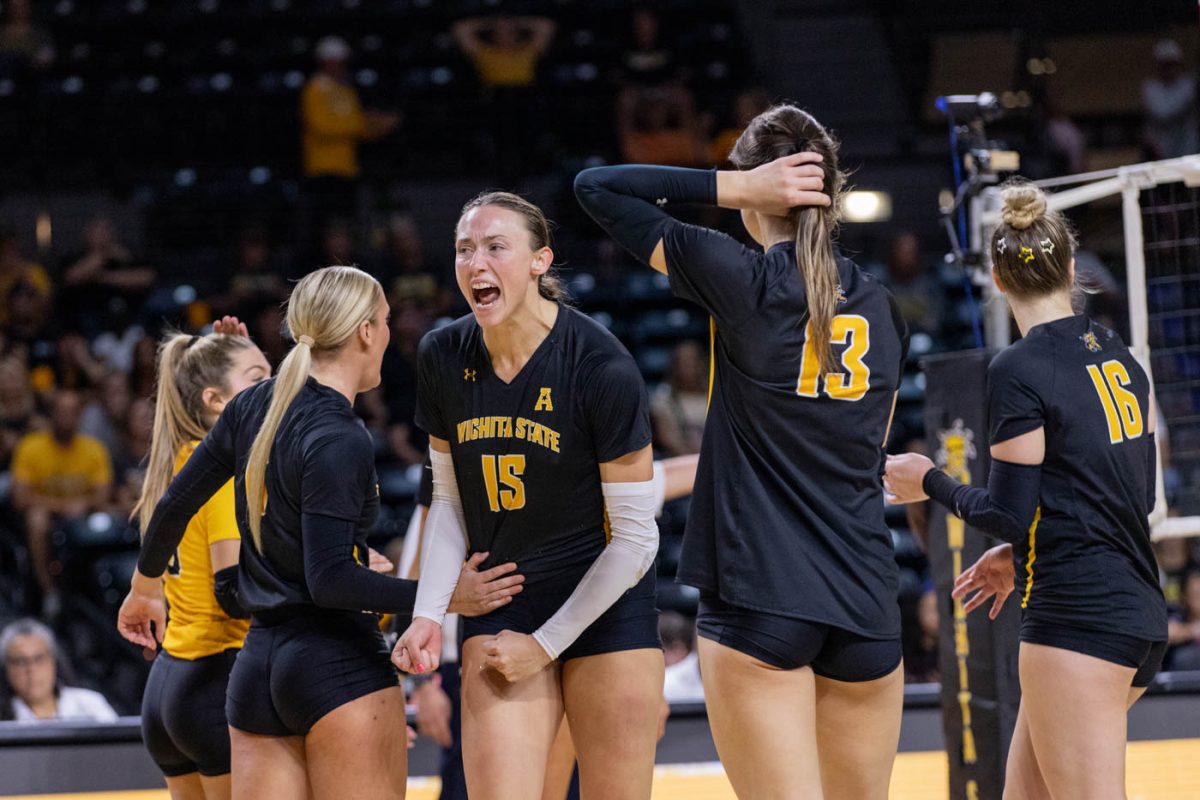 Morgan Stout yells after a Wichita State block in the fourth set. The Shockers dropped the game to Northern Colorado, 3-1, as Stout had 12 kills.