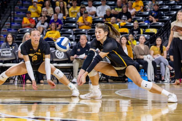 Emerson Wilford digs the ball in a rally against Northern Colorado. Following the Sept. 20 game, Wilford has 82 digs for the season.