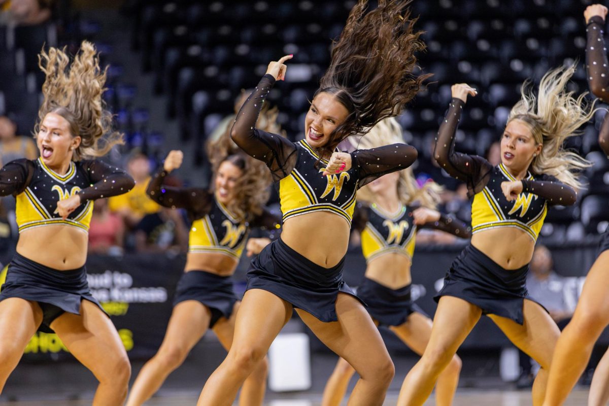 The Wichita State dance team performs a routine at Shocker Madness. The dance team performs at all the home basketball games throughout the year.