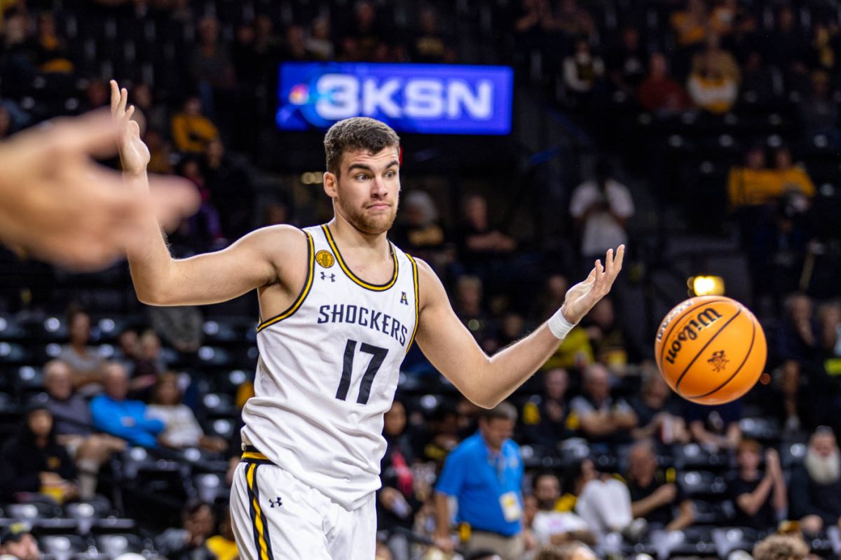 Matej Bosnjak gives a confused look to the referee after a Shocker basket on Oct. 27. Bosnjak, a senior from Croatia, scored four points in his 21 minutes of play time.