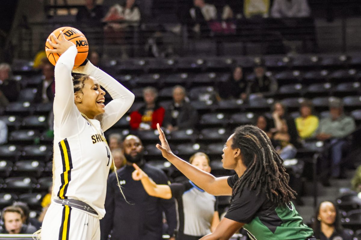 Junior Jayla Murray yells for someone to get open on offense against Northeastern State. Murray was joined by fellow Tampa Bay Tech alumna Jasmine Peaks on the WSU roster this year.