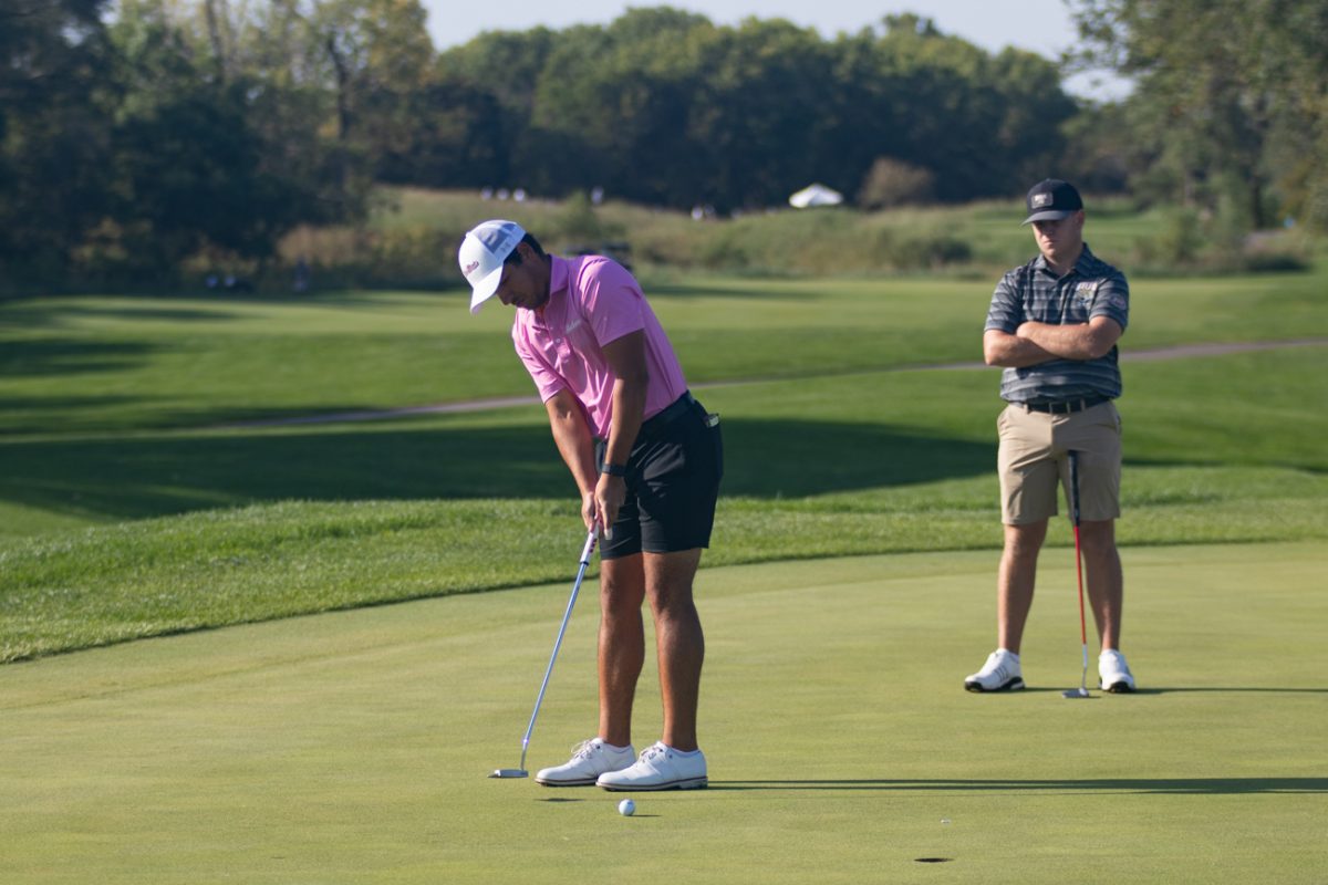Senior Jose Miguel Ramirez putts for birdie on the first hole at Sand Creek Station on Oct. 6, 2024, in Newton, Kansas. Ramirez won the 2023 NJCAA Division I Men's Golf National Championship while at Indian Hills Community College in both the individual and team tournaments. (File photo)