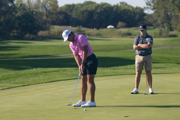 Senior Jose Miguel Ramirez putts for birdie on the first hole at Sand Creek Station on Oct. 6, 2024, in Newton, Kansas. Ramirez won the 2023 NJCAA Division I Men's Golf National Championship while at Indian Hills Community College in both the individual and team tournaments. (File photo)