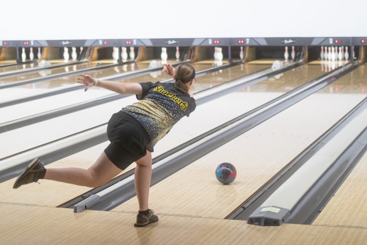 Graduate Student Mary Orf bowls for a spare in the last game of the first baker block match on Oct. 20. Last season, Orf was named a first-team All American by the National Collegiate Bowling Coaches Association.