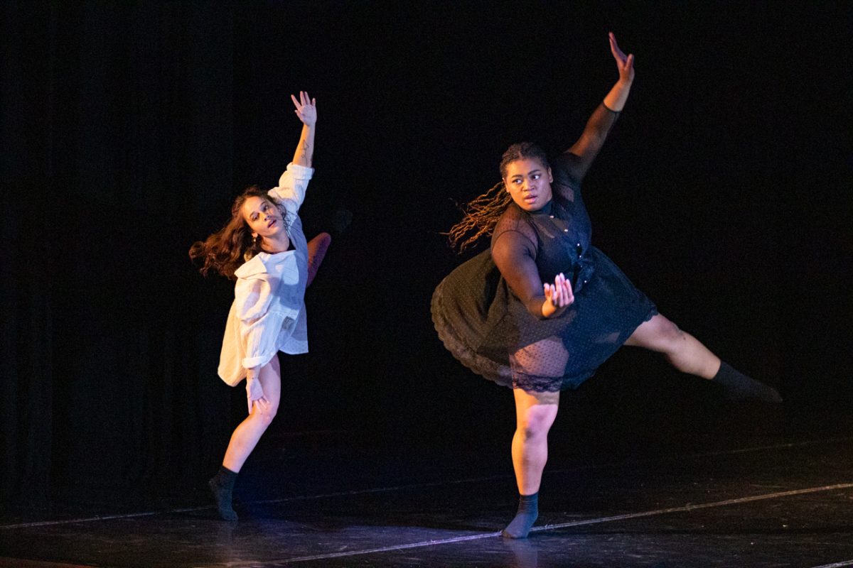 Eris Bishop and Shawn Gordon deliver their own choreographed performance "Between Her Hands" on Oct. 24. The Student Choreography Showcase took place on Oct. 24-26 in the Litwin Studio Theater in the Heskett Center.