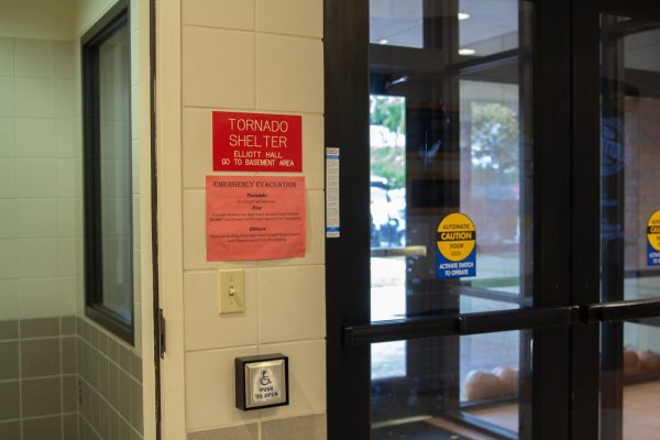 A sign indicating the tornado shelter in Elliott Hall. Wichita State has more than 80 shelters on its campus.