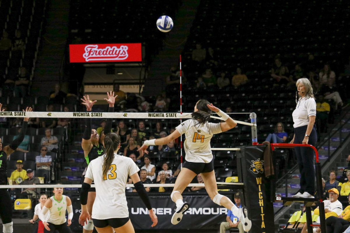 Sophomore Maddie Wilson aims for a powerful kill during the match against South Florida. She recorded two kills in the game and has accumulated 55 kills so far this season.