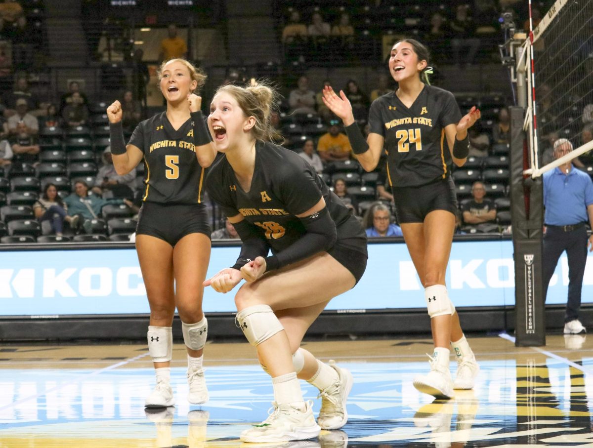 Fifth-year setter Izzi Strand celebrates a comeback during the game against Florida Atlantic University on Oct. 13. The Shockers rallied after losing the first two sets to win the next three, securing a victory.