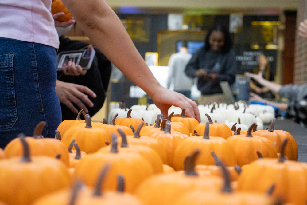 An array of plastic pumpkins wait to be picked by students participating in SAC's Pumpkin Painting event. Students picked a pumpkin and were able to color and decorate it with markers in the Rhatigan Student Center.