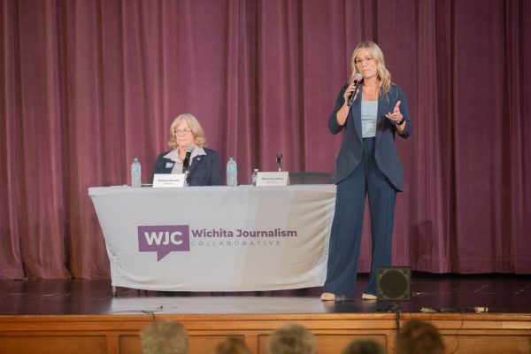 Sedgwick County Commission candidate Stephanie Wise gives her opening remarks at the Wichita Journalism Collaborative's forum on housing. Wise works in real estate and discussed the importance of affordable housing.