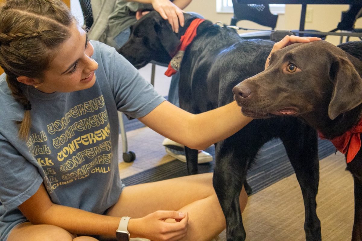 Dental hygiene sophomore Selah Walker pets therapy dog Alice during SGA's mental health awareness calm and craft in the RSC on Oct. 22.