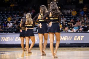 The Wichita State dance team performs a routine at Shocker Madness on Oct. 5. For the 2024-25 season, the dance team will sit in the stands.