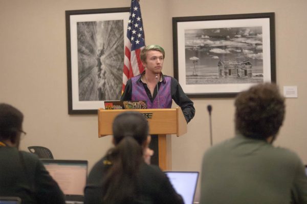 Sen. Josh Mallard asks the Student Senate to support his committee's bill, the Advisor Feedback Act on Nov. 13